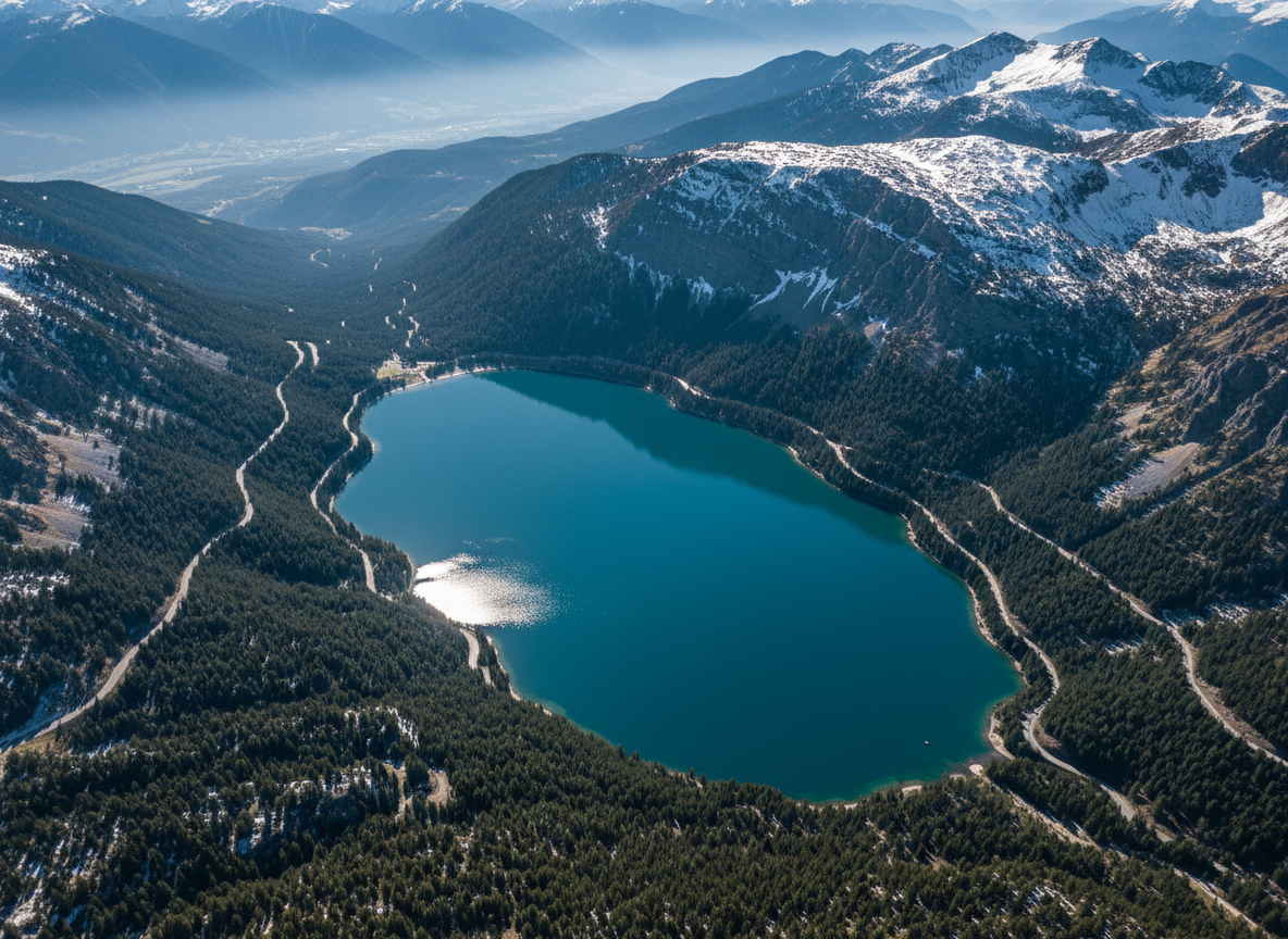 A serene aerial photograph of an alpine lake surrounded by dramatic, snow-dusted peaks, captured from high altitude. The deep, glassy water forms a near-perfect oval of rich turquoise and deep blue, bordered by dark evergreen forests and slender, winding mountain roads. Late morning sunlight falls from above at a gentle angle, creating subtle glints on the lake’s surface and soft, refined shadows along the ridges, accentuating the sculpted rock textures. Mist lingers delicately in a distant valley, lending a sophisticated sense of depth and mystery. The composition places the lake slightly off-center using the rule of thirds, with sharp, photographic realism detailing the shoreline curves and forest textures, conveying tranquil grandeur and understated elegance.
