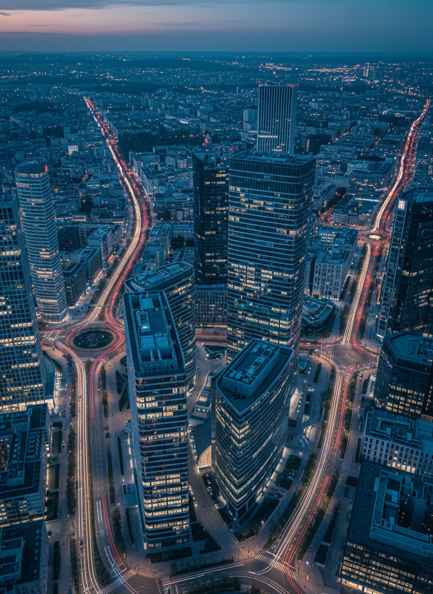 A striking aerial photograph of a modern European business district at dusk, seen from high above. Sleek glass and steel towers reflect the deep indigo sky and the last warm tones of sunset, while illuminated office floors create a subtle, intricate grid of light. Wide boulevards and smaller side streets form an elegant, organized network, with soft streams of car lights tracing sophisticated curves through the city. The atmosphere is refined and contemporary, with cool, controlled color grading and precise, architectural lines. Shot straight down with a slight tilt to reveal the skyline edge, the composition balances sharp detail in the foreground towers against a gradually softening cityscape in the distance, embodying a polished, metropolitan aesthetic.