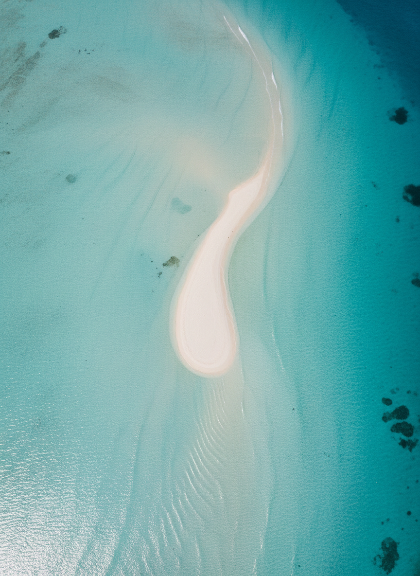 A minimalist aerial photograph of a solitary sandbar emerging from a vast, pale-turquoise lagoon, captured from a high, vertical perspective. The sandbar forms a graceful, tapering curve of fine, ivory-toned sand, edged by almost luminescent shallow water that gradually deepens to rich cyan and deep blue toward the edges of the frame. Soft midday sunlight penetrates the clear water, revealing delicate ripples and subtle textures on the sandy bottom. The surrounding ocean is calm and glassy, contributing to a serene, meditative mood. The composition is intentionally sparse, with generous negative space and flawless photographic clarity, embodying a sophisticated, contemporary aesthetic focused on purity of form and color seen from the air.