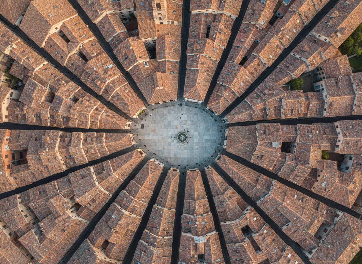 A refined aerial photograph of a historic European town center, with tightly clustered terracotta rooftops forming an intricate mosaic of warm reds and muted oranges. Narrow, irregular streets carve organic pathways between the buildings, converging on a small, open square paved in pale stone. Captured in soft, late-afternoon sunlight, the scene glows with a gentle warmth, accentuating the textures of aged tiles and stone facades. Long, delicate shadows lend depth without overwhelming detail. Shot from a true bird’s-eye view with edge-to-edge sharpness, the composition subtly leads the eye toward the central square, creating a sophisticated, timeless impression of heritage architecture observed from the sky in pure photographic realism.