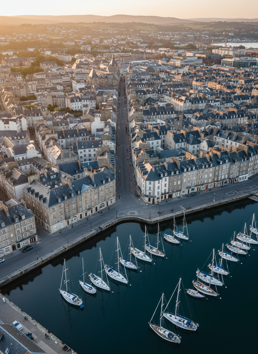 A high-resolution aerial photograph of a European coastal city at golden hour, captured from a bird’s-eye view. Elegant stone buildings with slate roofs form a refined geometric pattern, intersected by narrow streets leading to a tranquil harbor where sailboats rest in calm, reflective water. The low sun casts long, delicate shadows that emphasize architectural textures and subtle color variations in the rooftops. Hazy distant hills create gentle depth on the horizon. The mood is sophisticated and serene, with crisp detail across the entire frame. Composed with the harbor in the lower third and the city radiating outward, this photographic realism scene evokes the quiet luxury of contemplative aerial exploration.