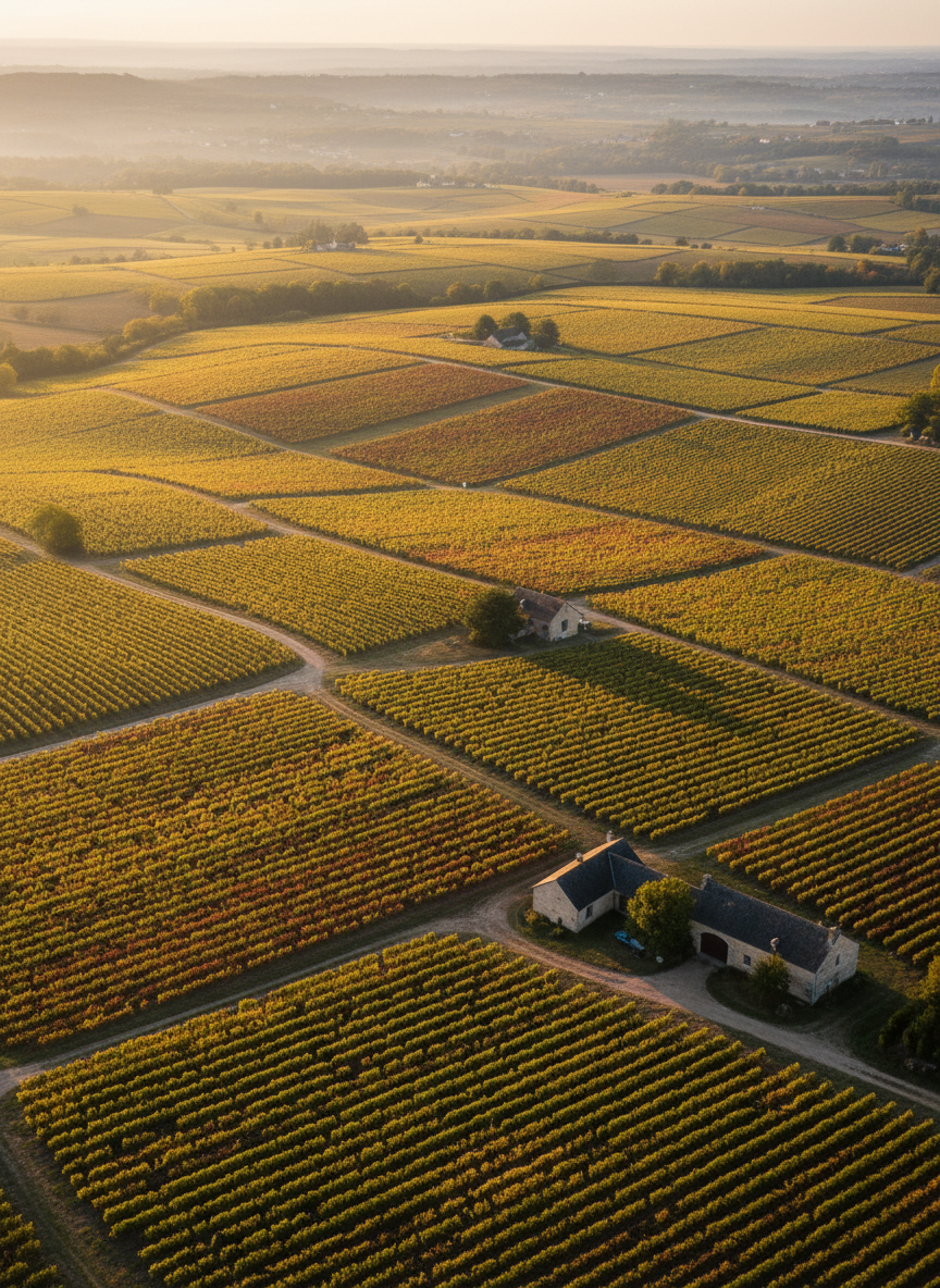 An ultra-detailed aerial photograph of a patchwork of French vineyards in late afternoon light, rows of vines forming precise, parallel lines across rolling hills. Subtle gradients of green, ochre, and deep burgundy distinguish different parcels, bordered by narrow dirt tracks and a few minimalist stone farm buildings. The low, warm sunlight grazes the landscape from the side, highlighting the textures of the soil and foliage while casting refined, elongated shadows that add depth. The composition uses strong diagonal lines of the vine rows to guide the eye, with tack-sharp focus from the foreground parcels to the misty, softly fading horizon. The overall aesthetic is polished, elegant, and quietly luxurious, emphasizing the artistry of cultivated landscapes seen from above.