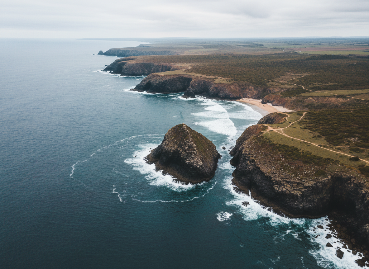 A dramatic aerial photograph of a rugged coastline where dark cliffs plunge into a deep, slate-blue sea, captured from a high oblique angle. White surf draws intricate, lace-like patterns along the base of the cliffs and secluded coves, while narrow, winding paths trace the cliff tops through sparse, wind-sculpted vegetation. Soft, overcast light creates a refined, diffused illumination that gently reveals rock textures and subtle color shifts in the water, avoiding harsh shadows. The mood is contemplative and grand, with the horizon placed high in the frame to emphasize the sculptural coastline below. The photographic realism and controlled, muted palette lend an understated, sophisticated character to this aerial seascape.