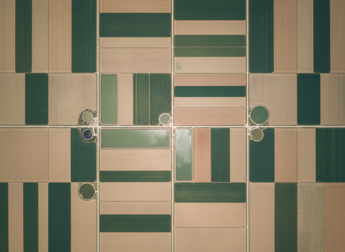 An elegant aerial photograph of a geometric agricultural landscape, viewed from directly overhead. Vast rectangular fields in muted tans, deep greens, and warm browns are divided by perfectly straight irrigation canals and narrow service roads, forming a minimalist tapestry of color and line. The midday light is clean and neutral, emphasizing the precision and subtle tonal variations of each plot without harsh contrast. Occasional reflective water basins glimmer softly, adding refined highlights. The composition focuses on symmetry and balance, with repeating patterns that feel almost abstract yet unmistakably real. Every detail is rendered with sharp, photographic clarity, creating a sophisticated, contemporary image that celebrates the quiet beauty of structured rural land from the sky.
